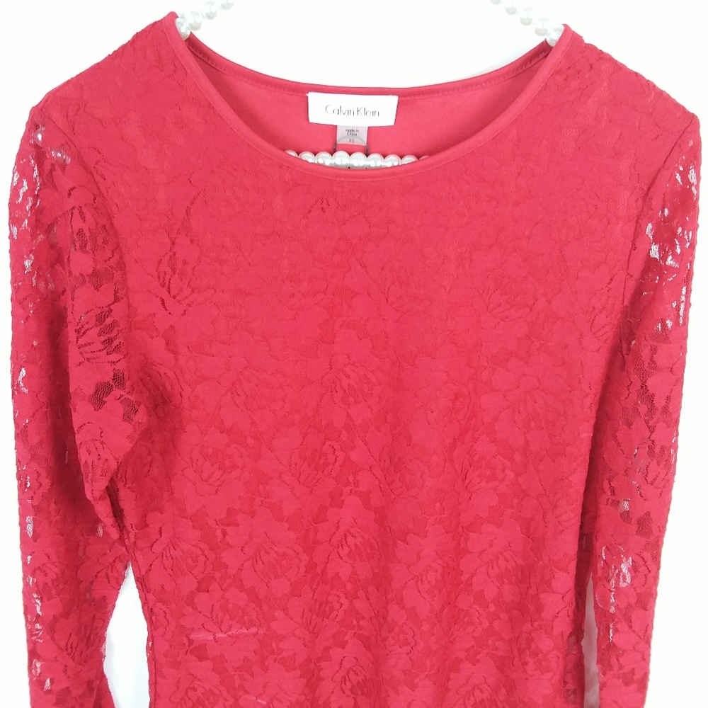 Calvin Klein Red Lace Top Long Sleeve NWT -1 - Picture 2 of 6